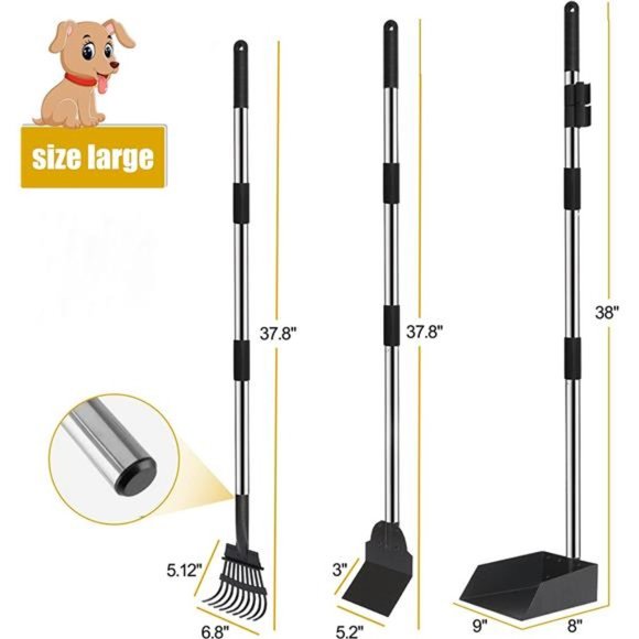 XL Poop Scooper for Large and Small Dogs with Long Handle, Metal Tray and Rake - Picture 3 of 6